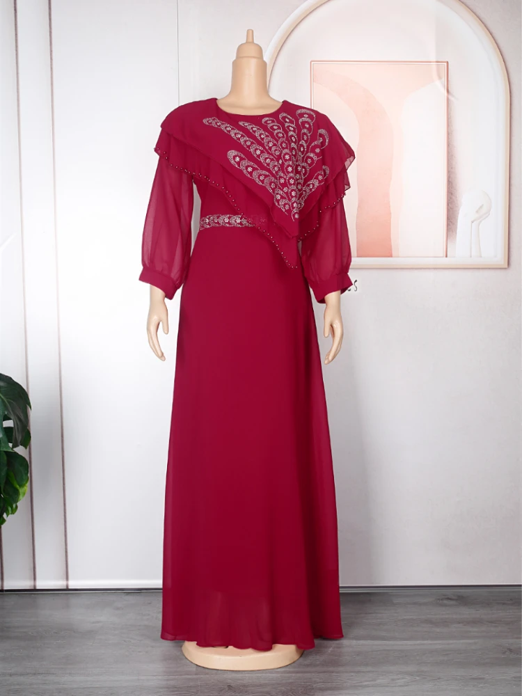 

African Dresses For Women 2023 Elegant Wedding Gown Muslim Chiffon Abaya Turkish Dubai Kaftan Robe Africaine Long Sleeve Dress