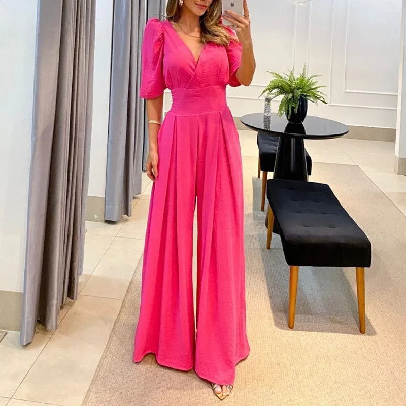 Bodysuit Jumpsuit Women 2023 Spring Casual Clothing Solid Color Sexy V Neck Tie High Waist Short Sleeve Loose Wide Leg Jumpsuit