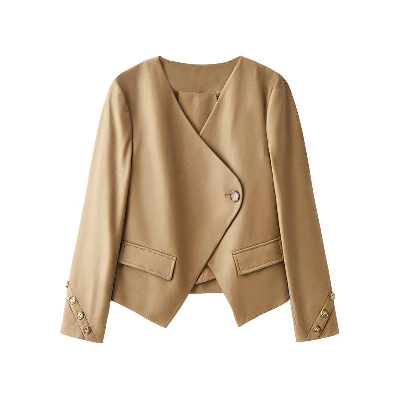 SHUCHAN Design Fashion Crop Top Jacket Women Real Leather Jacket Women  Single Button  High Street  Sheepskin Genuine Leather