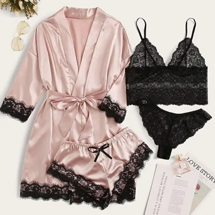 

4PCS Pajamas Pour Femme Nightgown Satin Lace Patchwork Sleepwear Pyjamas V-Neck Sexy Home Clothes Summer Kimono Robe Gown Suit