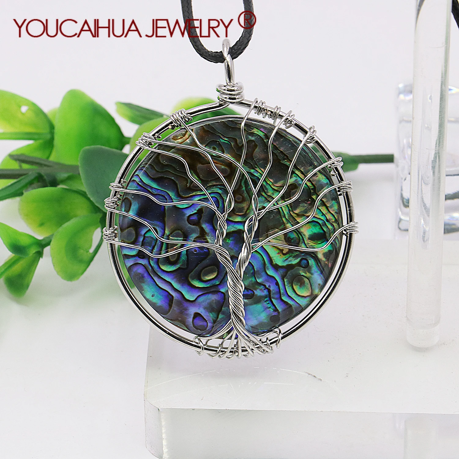 

45mm Natural Round Shell Pendant,Tree of Life Necklace,black/white,Men/women Wearable,Complimentary Leather Chain,Friends Gifts
