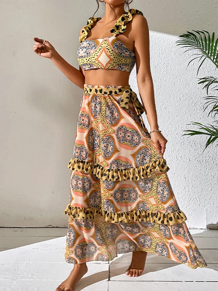 

Women's Swimwear Ruffled High Waist Swimwear and Skirt Two-piece Sexy Bikini 2023 Women Summer New Girl Beach Bathing Suits