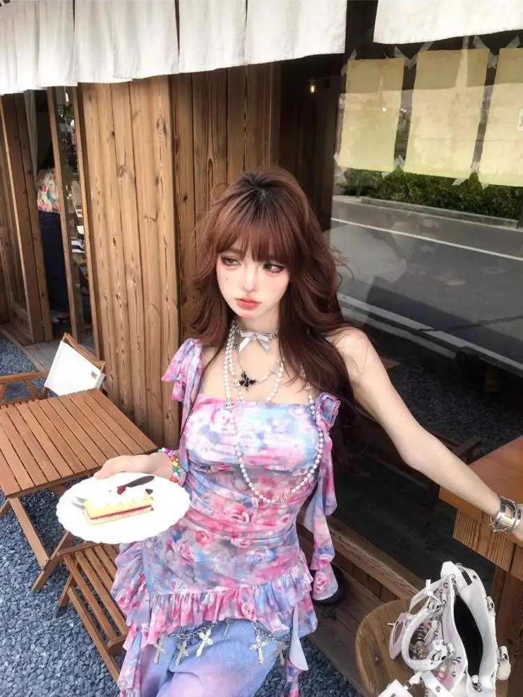 Seeslim Fairycore Tie Dye топы с лямкой на шее летние без рукавов в японском стиле одежда 2000-х