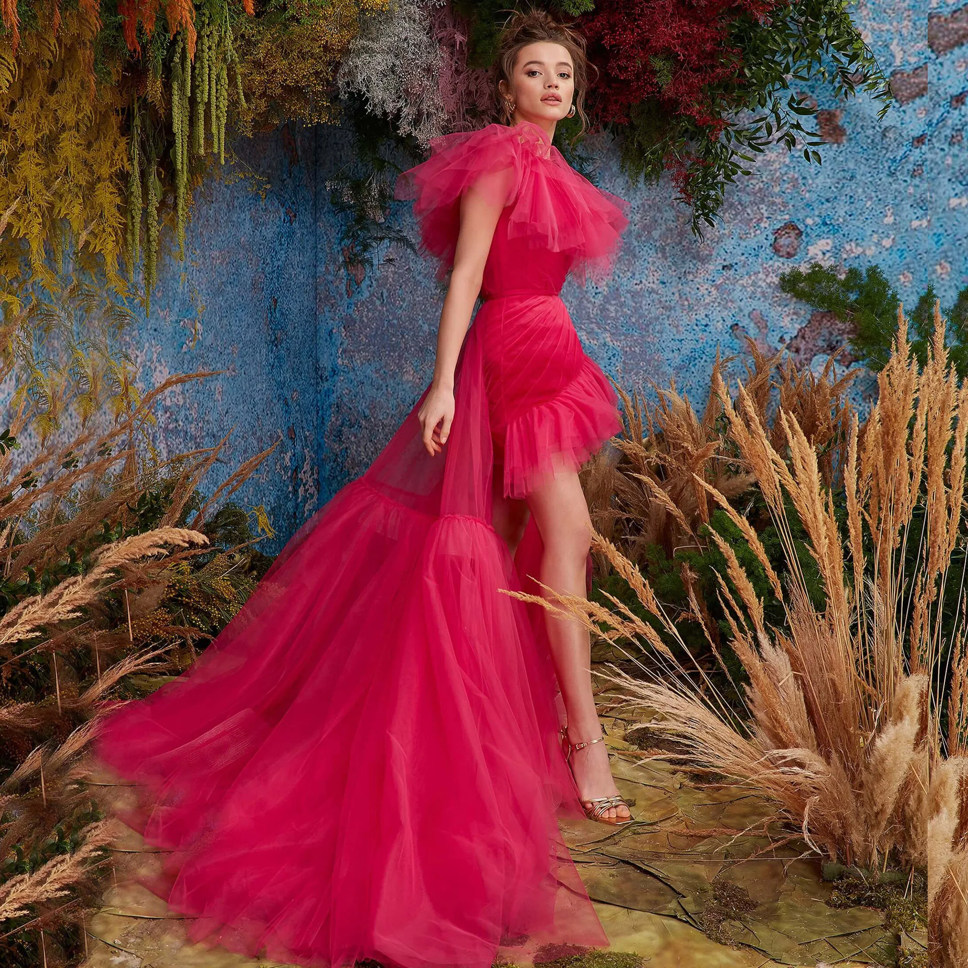 Red Women Prom Dress 2023 New Tulle Neck Rose Sleeveless Puffy Flower A-Line Ball Gown Ladies Elegant Evening Party Wedding