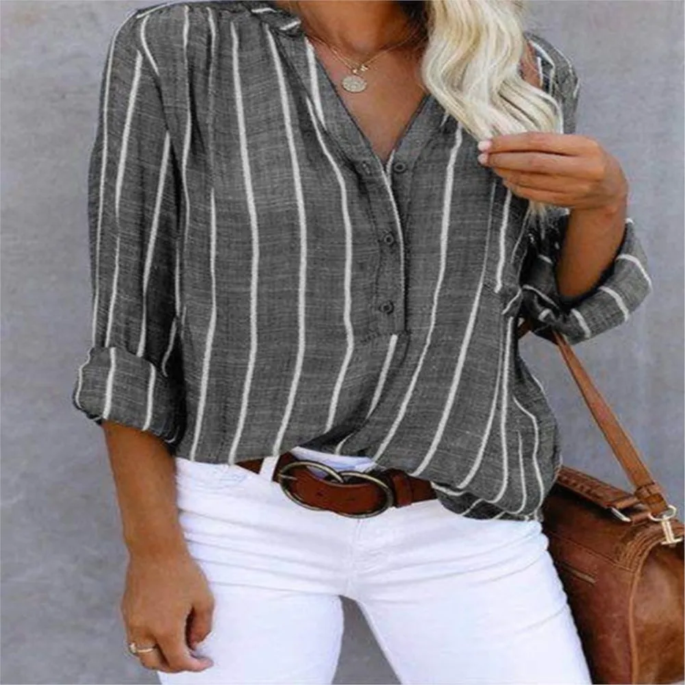 

Women Casual Loose Stripe Shirts Spring Autumn Vintage Style Long Sleeve Lapel Pocket Holiday Shirt & Blouse S-5XL Female Tops