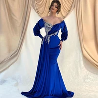 royal blue dubai satin mermaid evening dresses appliques beading long sleeves prom dress saudi arabric formal party gown