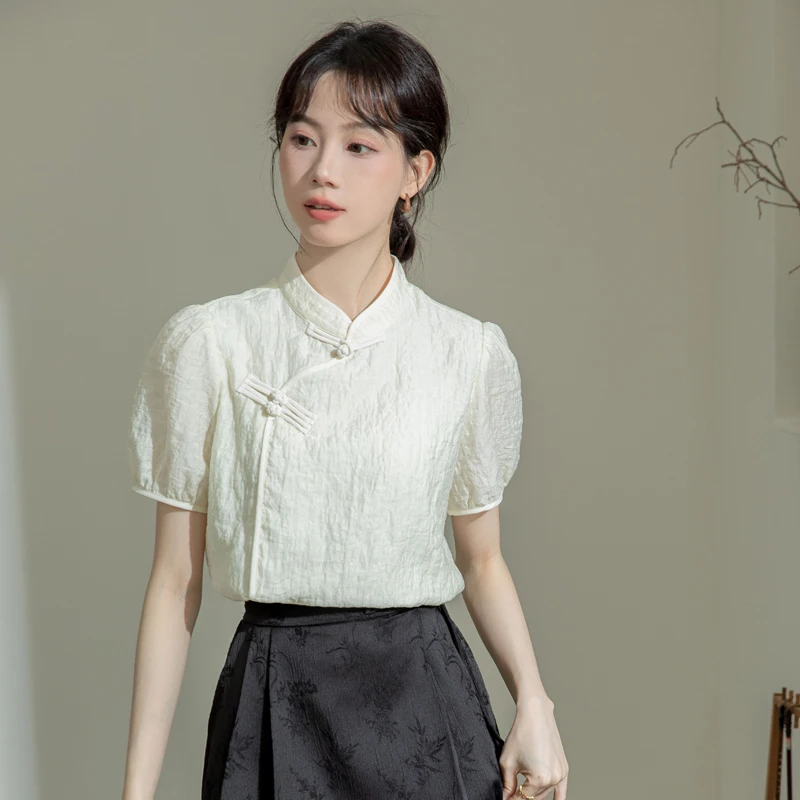 Женская летняя Модная приталенная Однотонная рубашка в китайском стиле с