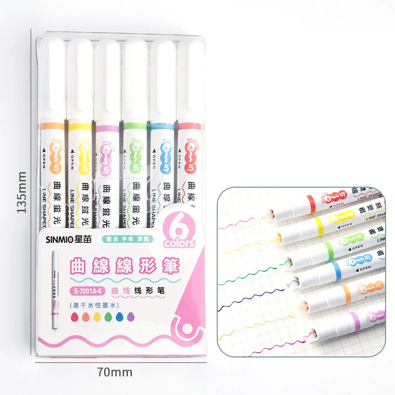 

6Pcs/Set Quick-Drying Colorful Curve Highlighters Cute Pattern Hand Account Fluorescent Pen Creative Markers Stationery