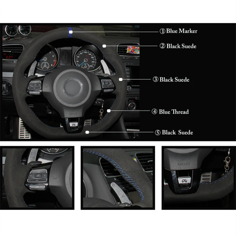 Черный замшевый чехол на руль автомобиля для Volkswagen Golf 6 GTI MK6 VW Polo Scirocco R Passat CC R-Line 2010