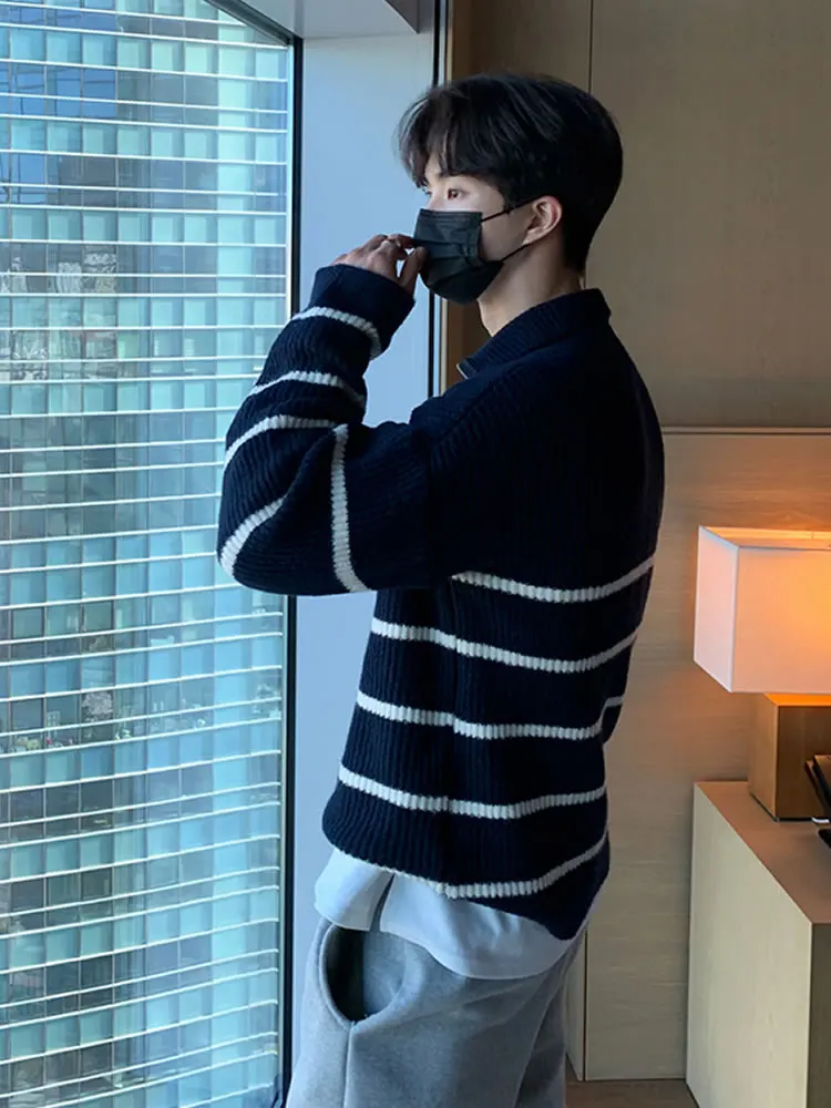 Мужской вязаный свитер с лацканами универсальный Полосатый пуловер в Корейском
