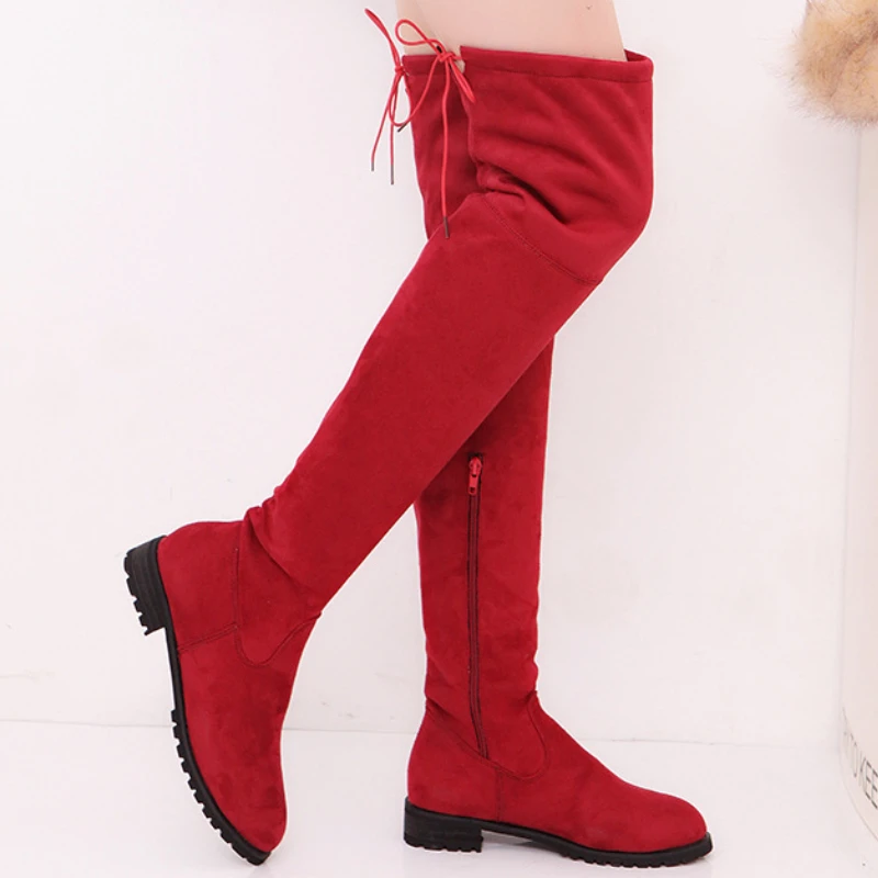 

Black Boots Women Large Size Solid Side Zipper Over The Knee Boots Leisure Non-slip Platform Low Heel High Boots Botas Femininas