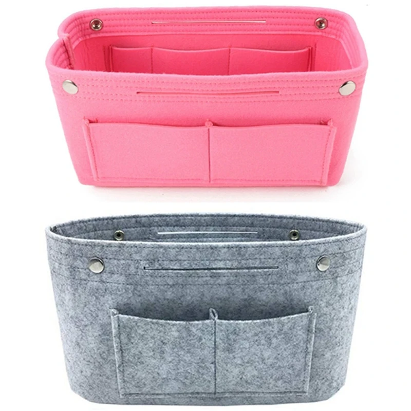 

2 Pcs Women Fashion Felt Cloth Inner Bag Fits In Insert Handbag Multi-Pockets Cosmetic Bags Organizer, Gray & Pink