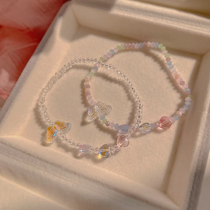 

2 Pieces/set Butterfly Crystal Charm Bracelet Women Fashion Ins Wind Beaded Bracelet Summer New Jewelry Accessories Wholesale