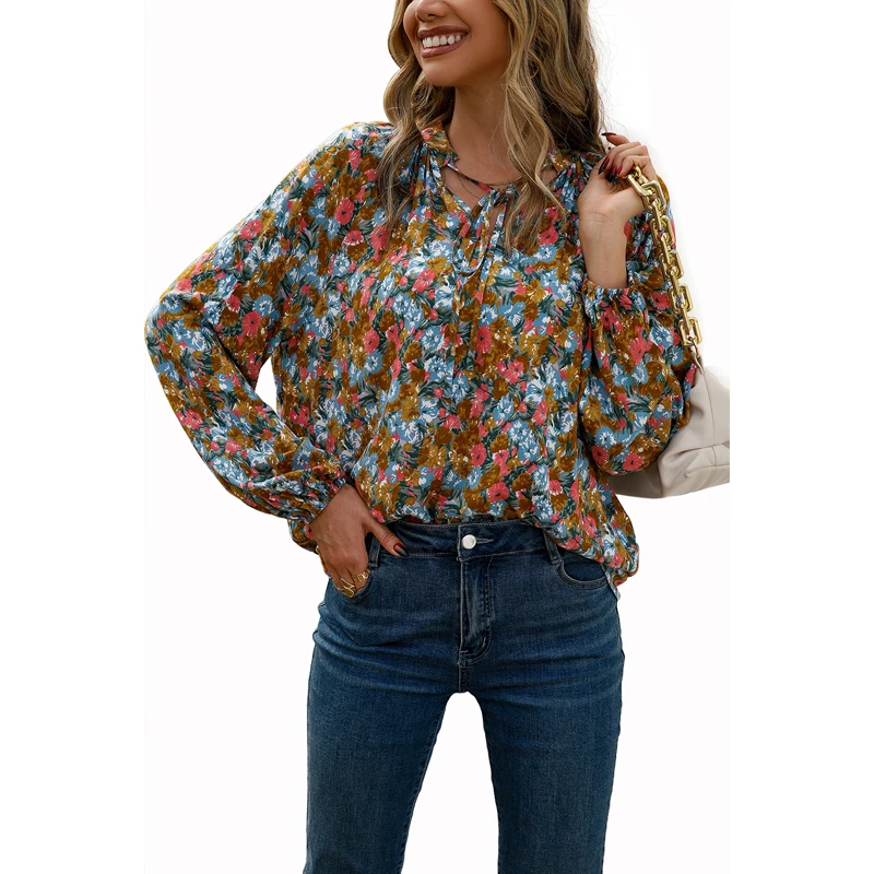 Women V Neck Lace Up Floral Print Blouses Blue Long Sleeves Casual Tops 2022 Spring Summer Flower Lady Bohemian Blouses