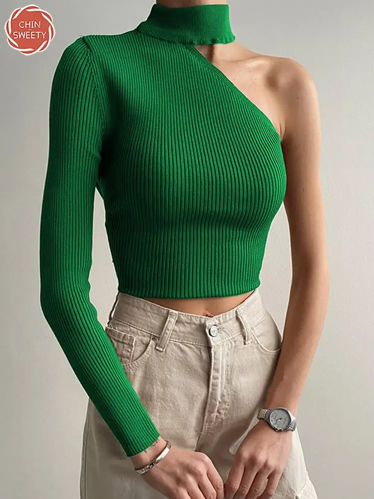 

Женские короткие свитера на одно плечо, Осенние Повседневные вязаные укороченные топы с длинным рукавом, Женский облегающий свитер с высок...