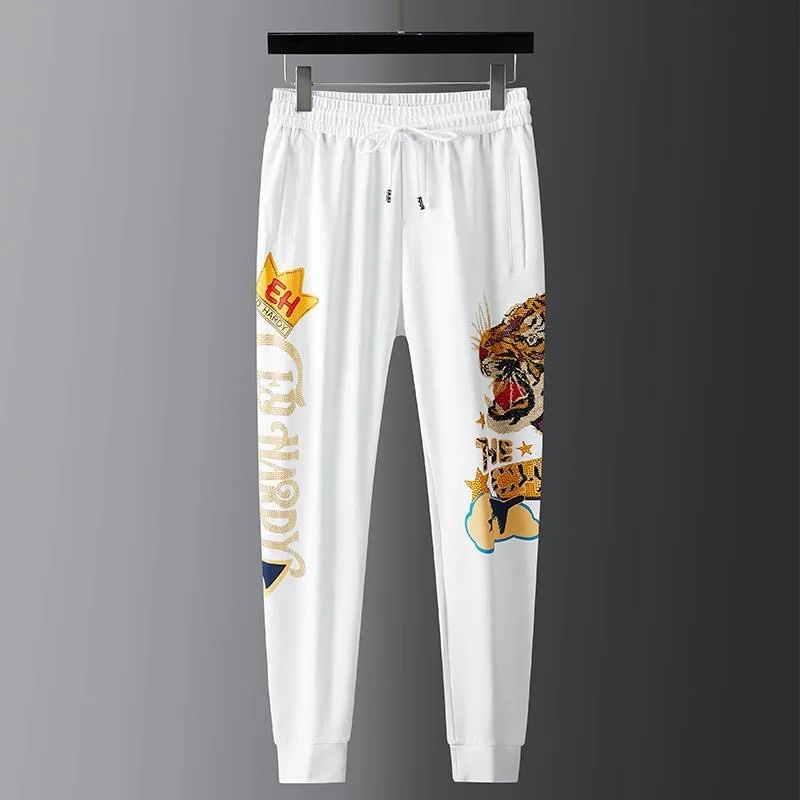 Europe station tiger head hot diamond printed casual pants men's 2021 spring and autumn trend new small foot sweatpants men's
