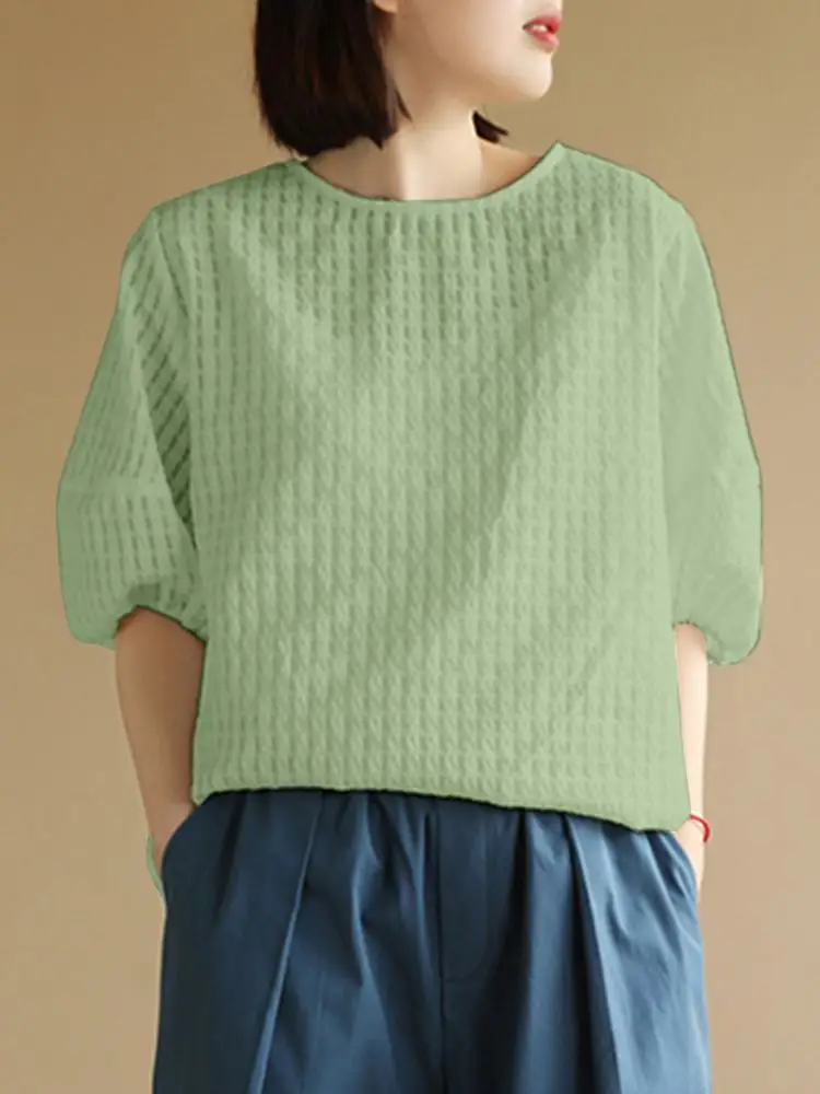 

Летняя женская Свободная блузка с круглым вырезом и коротким рукавом, блузка в клетку с вафельным узором, однотонные топы ZANZEA с пуговицами сзади, пуловеры большого размера для отдыха