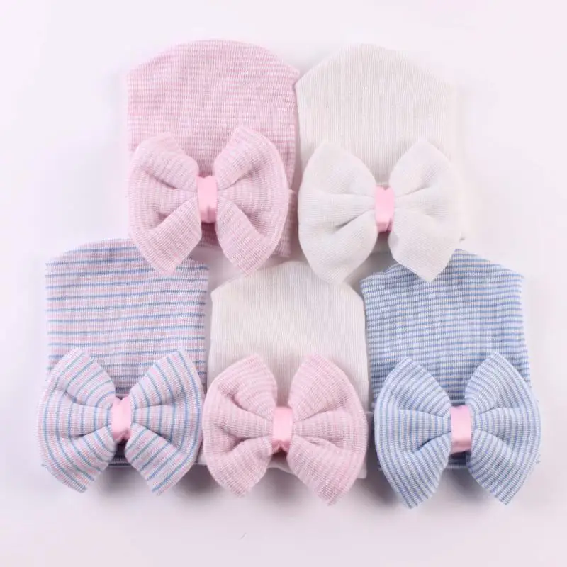 

Baby Knitted Bow Hat Newborn Autumn Winter Stripe Beanie Cap For Boy Girls Striped Crochet Bowknot Accessories Photography Props