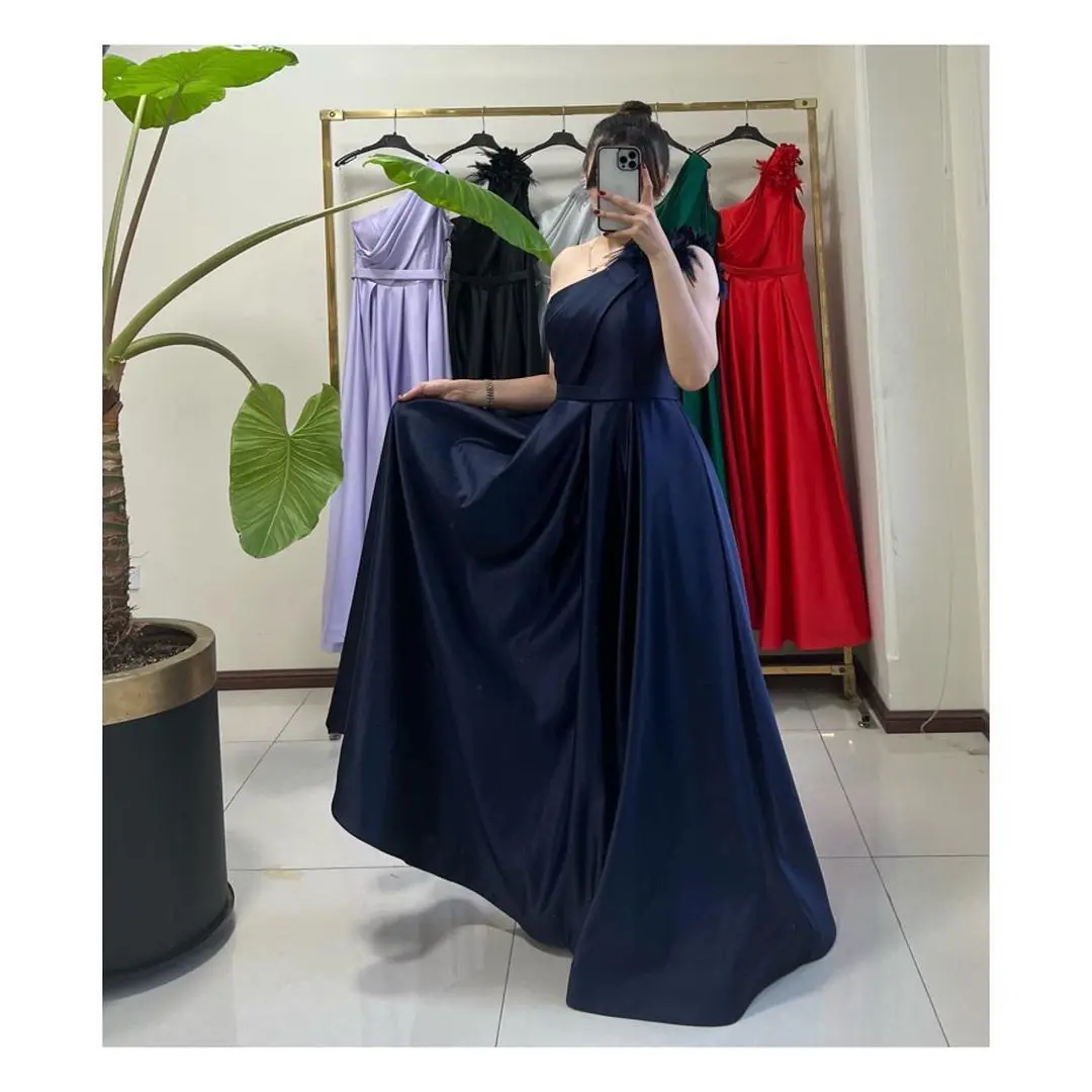

Satin Evening Dresses for wedding one shoulder Long Formal Prom Dress Elegant A-Line plus size wedding Party Gowns
