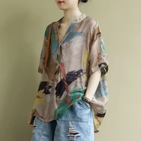 vintage printed v neck diamonds button half sleeve shirt oversized loose commute womens clothing summer fashion casual blouse