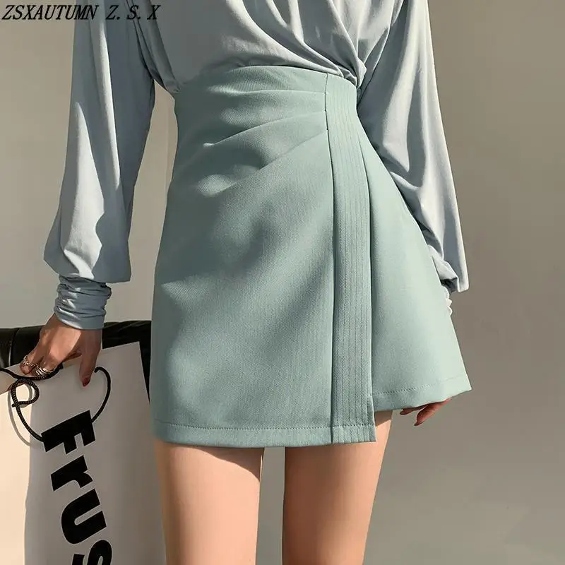 

Женская плиссированная мини-юбка с запахом, асимметричная короткая трапециевидная юбка в Корейском стиле, универсальная однотонная облегающая мини-юбка для весны и лета