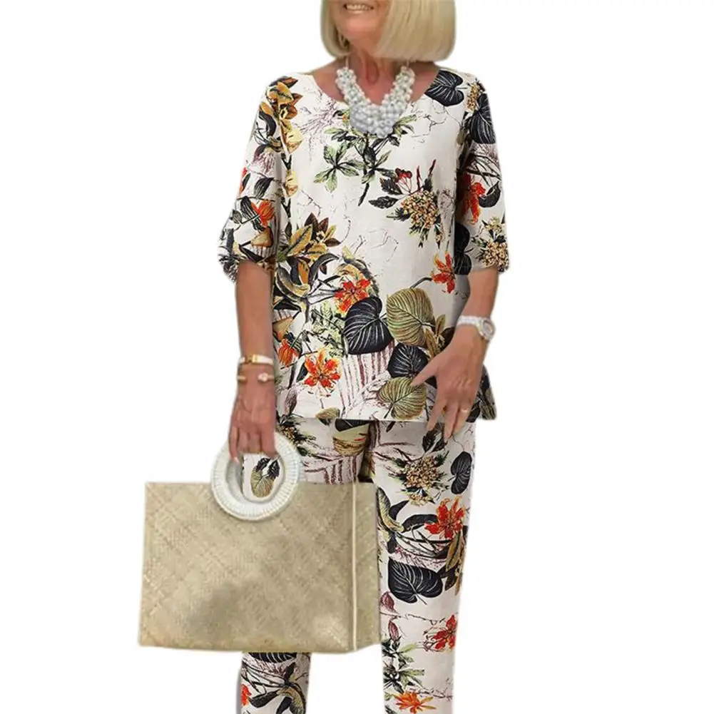 

2 Pcs/Set Elderly People Tops Pants Set Half Sleeves O Neck Loose Print Vintage Style Flower Pattern Grandma Blouse Pants Suit