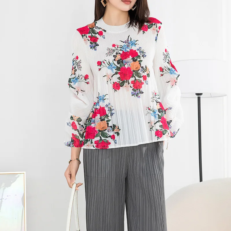 

Женский топ с круглым вырезом, свободный плиссированный топ большого размера с рукавами-фонариками и принтом, лето 2023