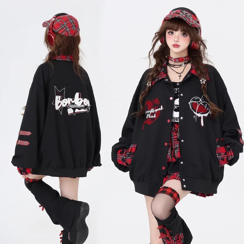 Autumn Winter Punk Harajuku Coats American Vintage All Match Casual Commuter Loose Jackets Constrast Color Japan Print Clothing