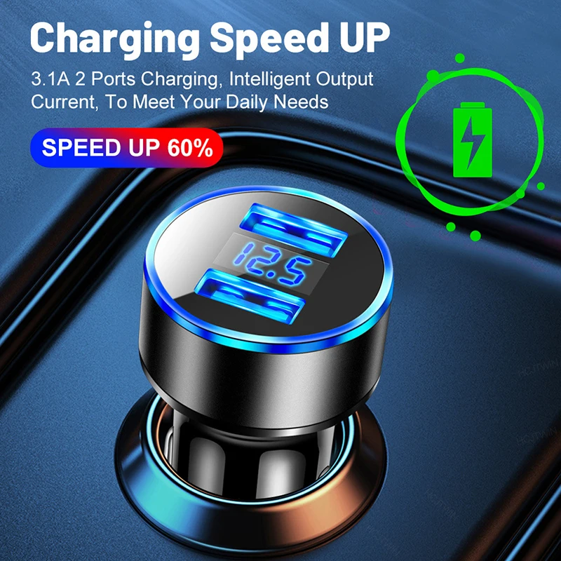 Фото Автомобильное зарядное устройство с двумя USB-портами, LED-дисплеем, выходом 3.1A, адаптер из ABS-пластика, защита от низких температур, для планшетов, смартфонов, iPhone 17, 16 Pro №2