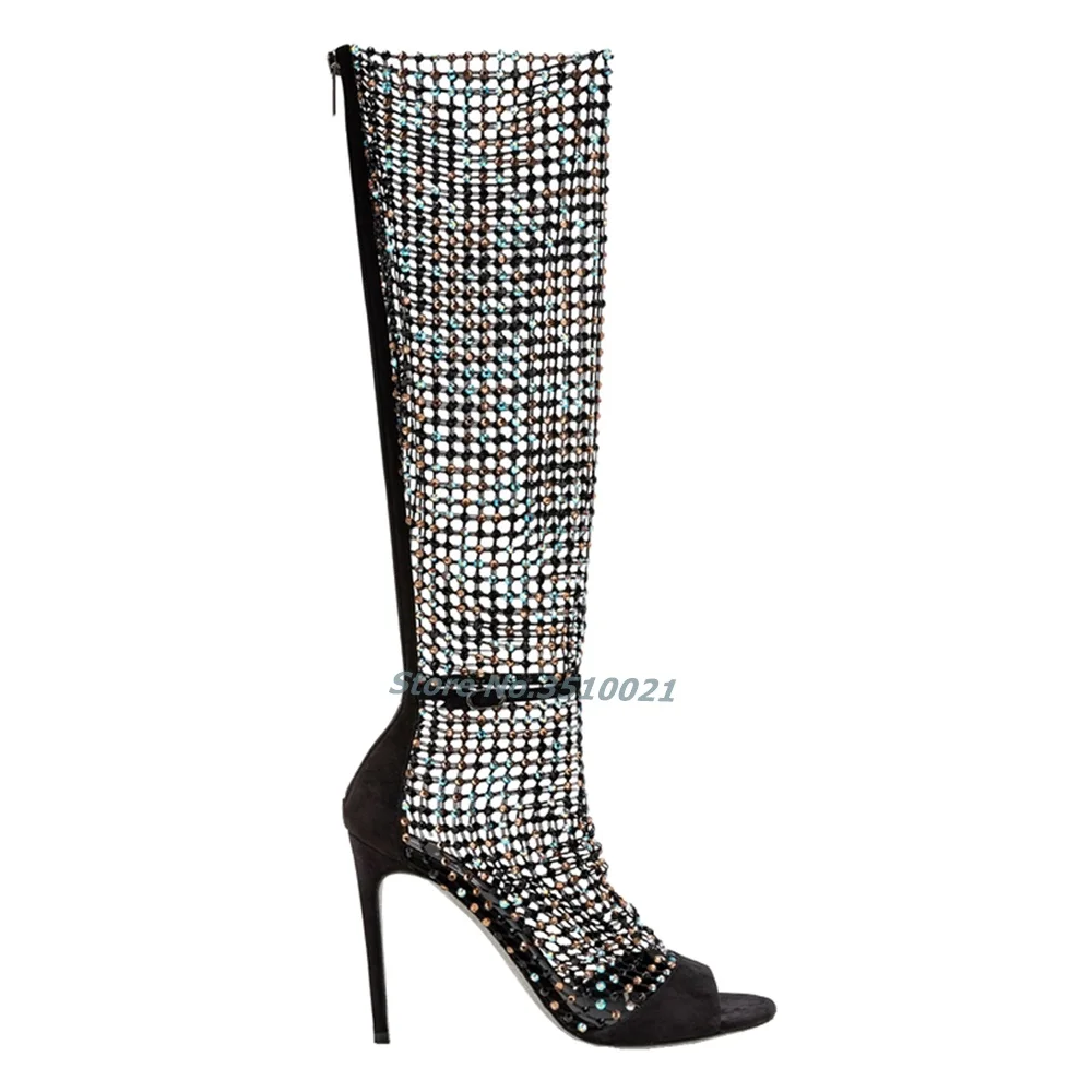Peep Toe Crystal Hollow Stiletto Sandals Mesh Sequin Bling Roman Sexy Solid Color Banquet Party Shoes Zipper Summwe New Arrivals