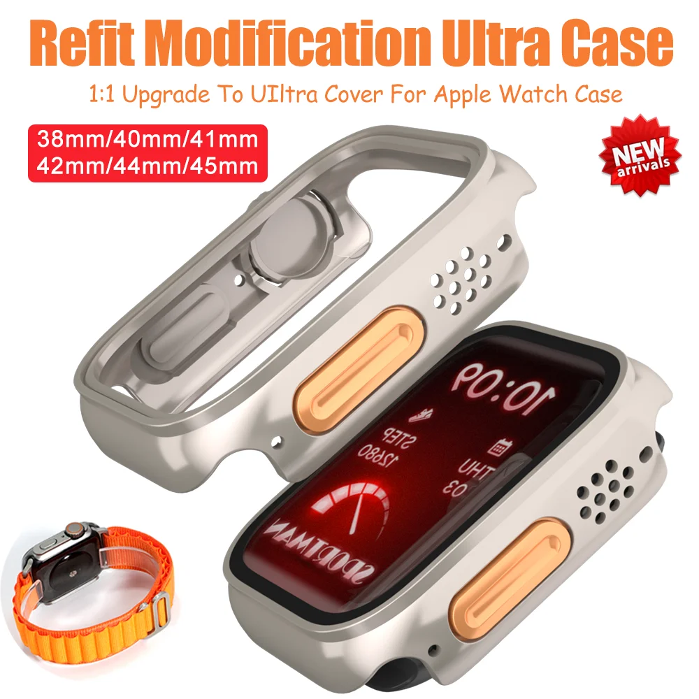 

Change To Ultra Case for Apple Watch Series 8 7 45mm Screen Protector for IWatch 4 5 6 Se 44mm Glass+Case Strap Turning To Ultra