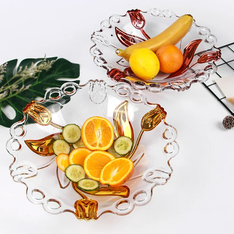 

European Crystal Glass Fruit Plate Creative Tulip Flowerpot Fashion Living Room Bar Dry Plate Home Decorate Table Plates