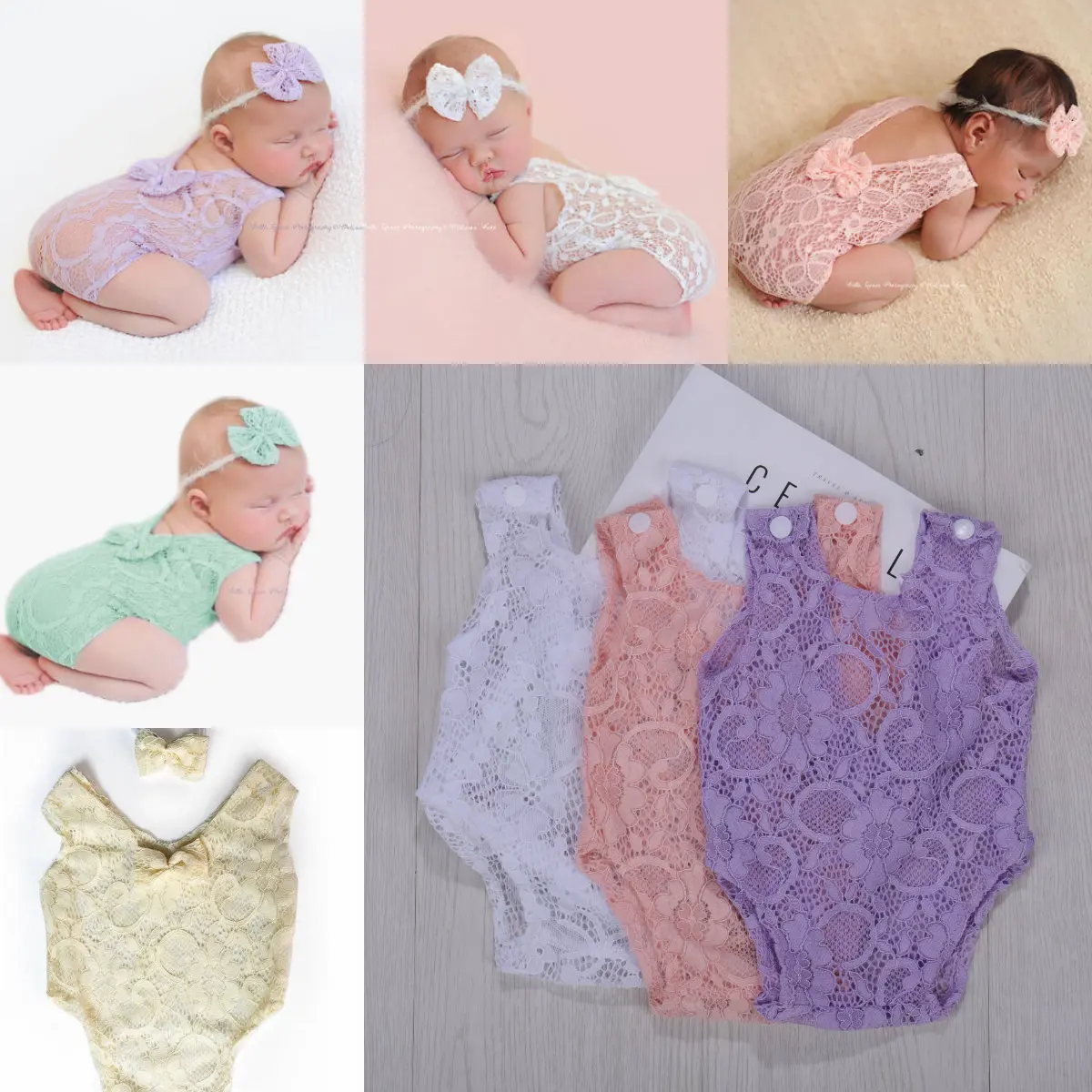 Newborn Baby Photo Props Girls Clothes Lace Hollow Cute Bow Romper Photography Decoration Children's Outfits