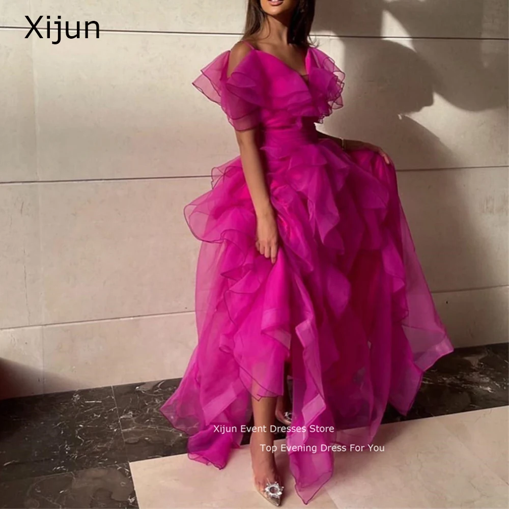 

Xijun 2023 Fushcia Fuschia Organza Long Prom Dresses Ruffles Sleeves Floor Length Princess Evening Gowns Formal Party Dress