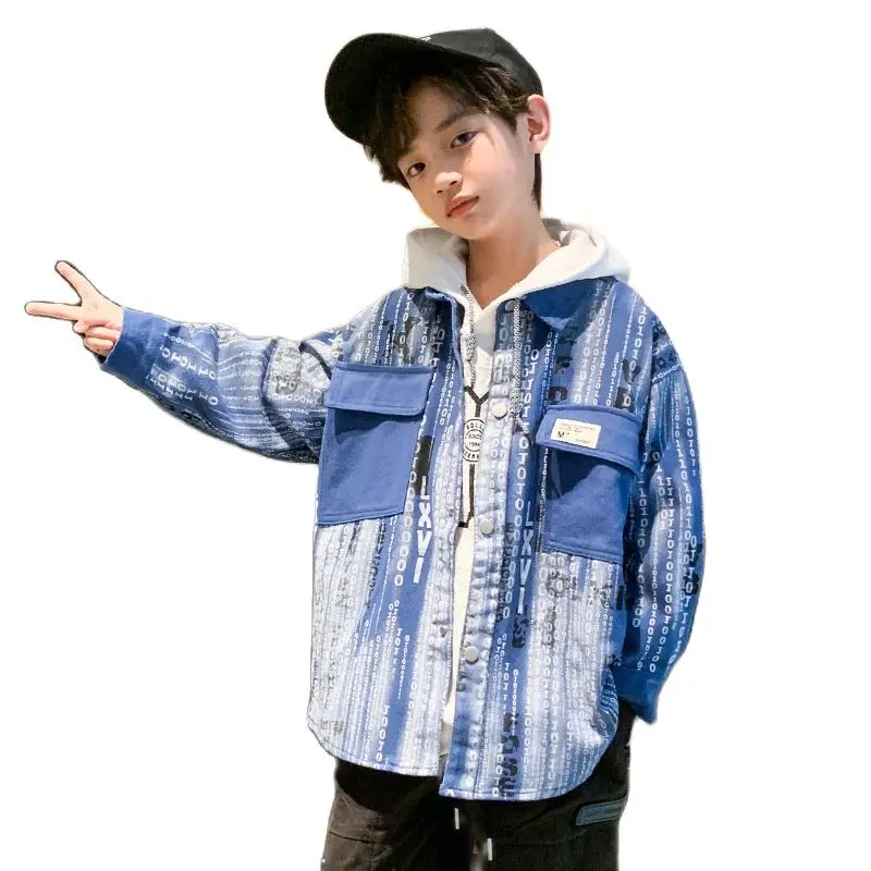 

Boys Clothes Long Sleeve Shirt Spring Autumn Fashion New Blouse for Teens Letter Print Tie Dye Jacket Pocket Tops 8 10 12 14 Yrs