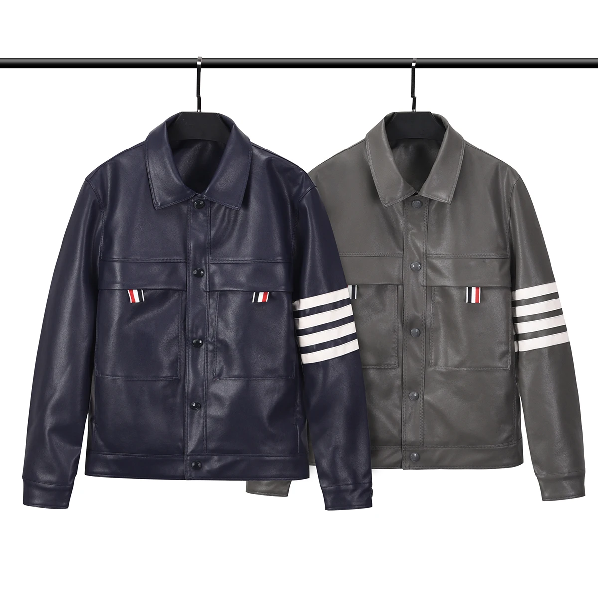 

TB Image Shop Store Thom Men's Brand pu jacket coat Four bars classic striped casual lapel pocket slim women's couple leather