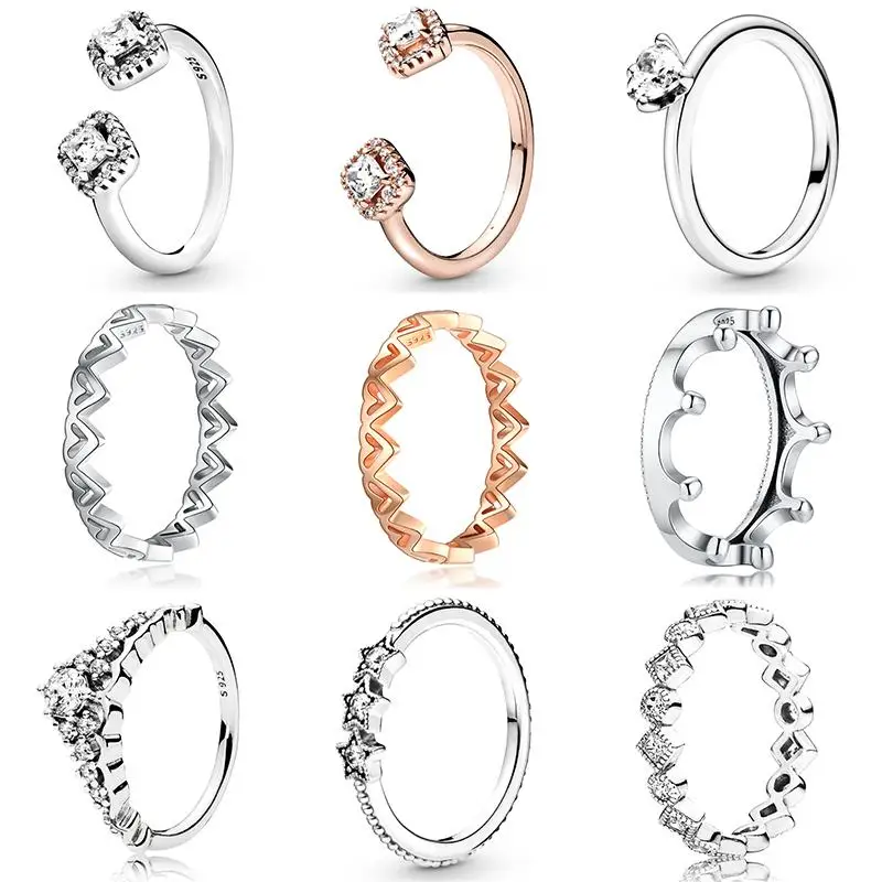 

Women 925 Sterling Silver Rings With Celestial Stars Square Sparkle Crystal Finger Ring Crown For Women Wedding Party Jewelry