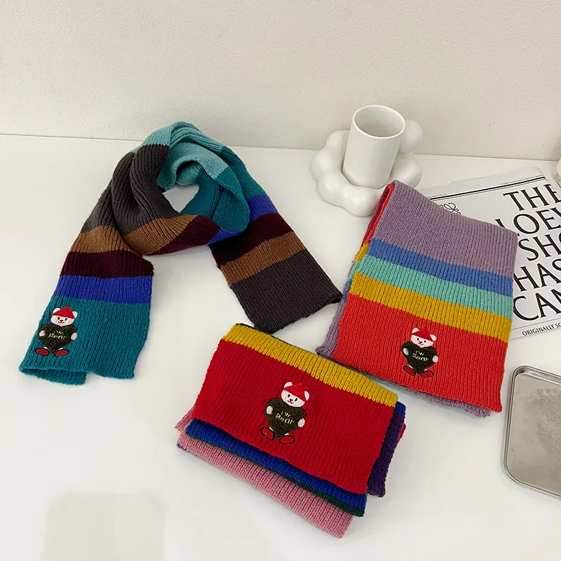 

Rainbow Bear Cartoon Wool Scarf Fashion Women Cute Warmer Scarves Embroidered Bear Winter Scarf Girlfriend Gift
