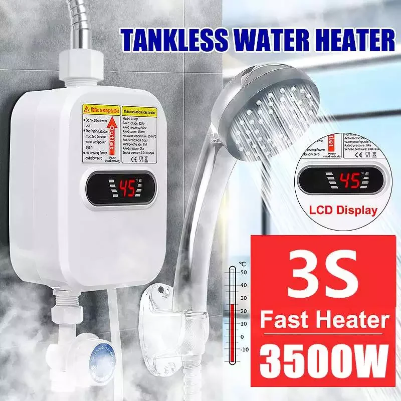 

3500W Instant Water Heater Shower 110V 220V 3S Heating Bathroom Kitchen Tankless Electric Water Heater Temperature Display