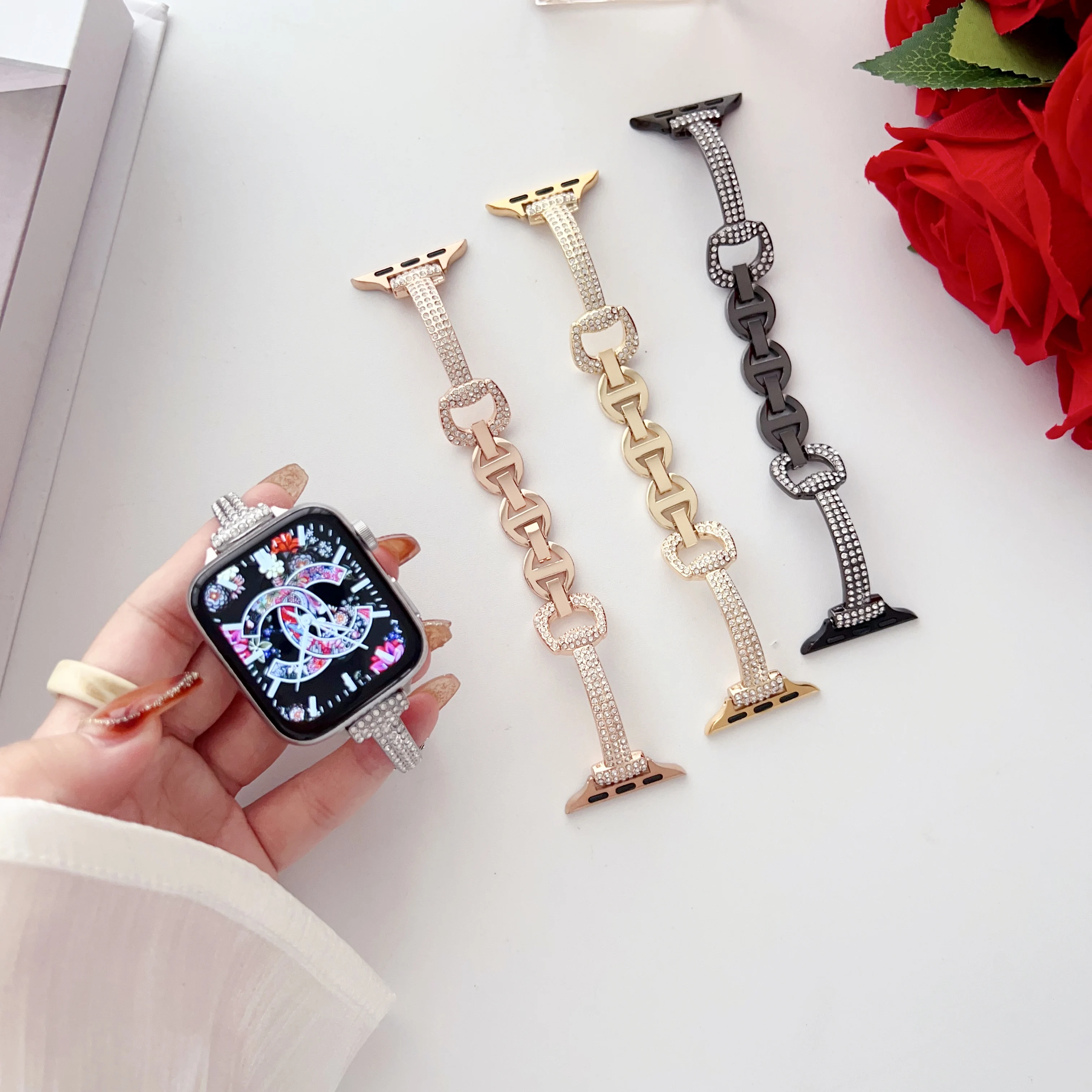 

Браслет металлический инкрустированный алмазами для Apple Watch Band 45 мм 44 мм 49/42/41 мм 40 мм, роскошный женский ремешок для iWatch Series 8 7 6 5 4 3