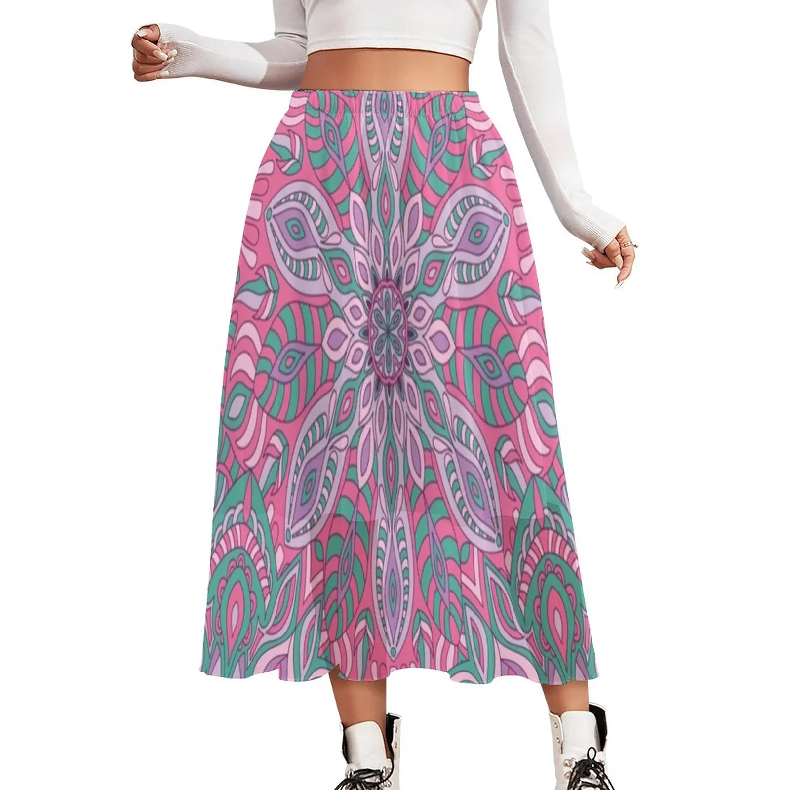 

Retro Bohemia Print Skirt Pink Mandala Vintage Boho Skirts Summer Harajuku Elastic Waist Chiffon Print Big Size Casual Skirt