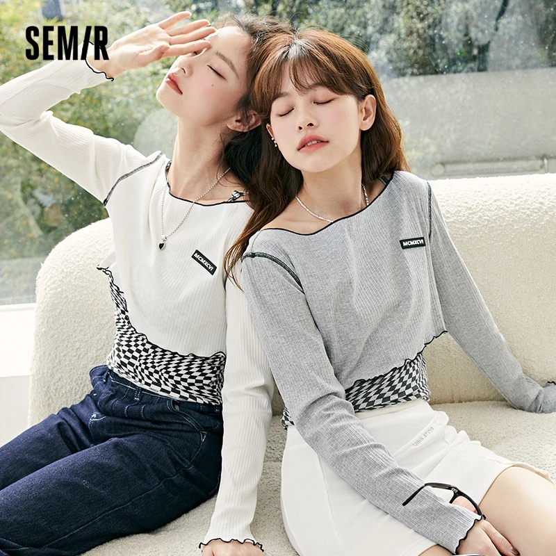 

Футболка Semir женская короткая с длинным рукавом, пуловер в шахматную клетку, милая и крутая, новинка весны 2022, облегающий дизайн из двух част...