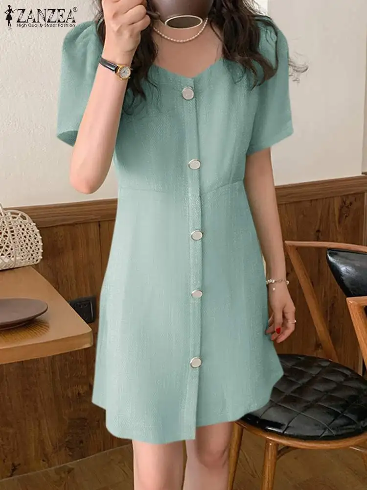 

Fashion Solid Shirt Dress Women Summer Sundress 2022 ZANZEA Casual Puff Short Sleeve Mini Vestidos Female Button Robe Femme 7
