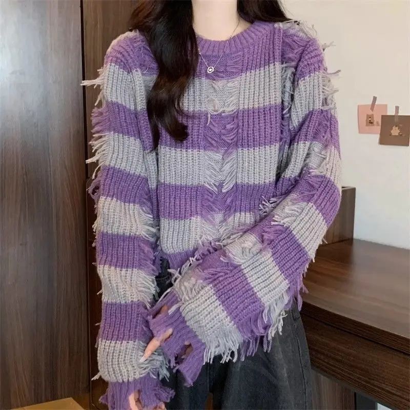 Полосатые пуловеры MiiiiX в корейском повседневном стиле Женский Осенний свободный