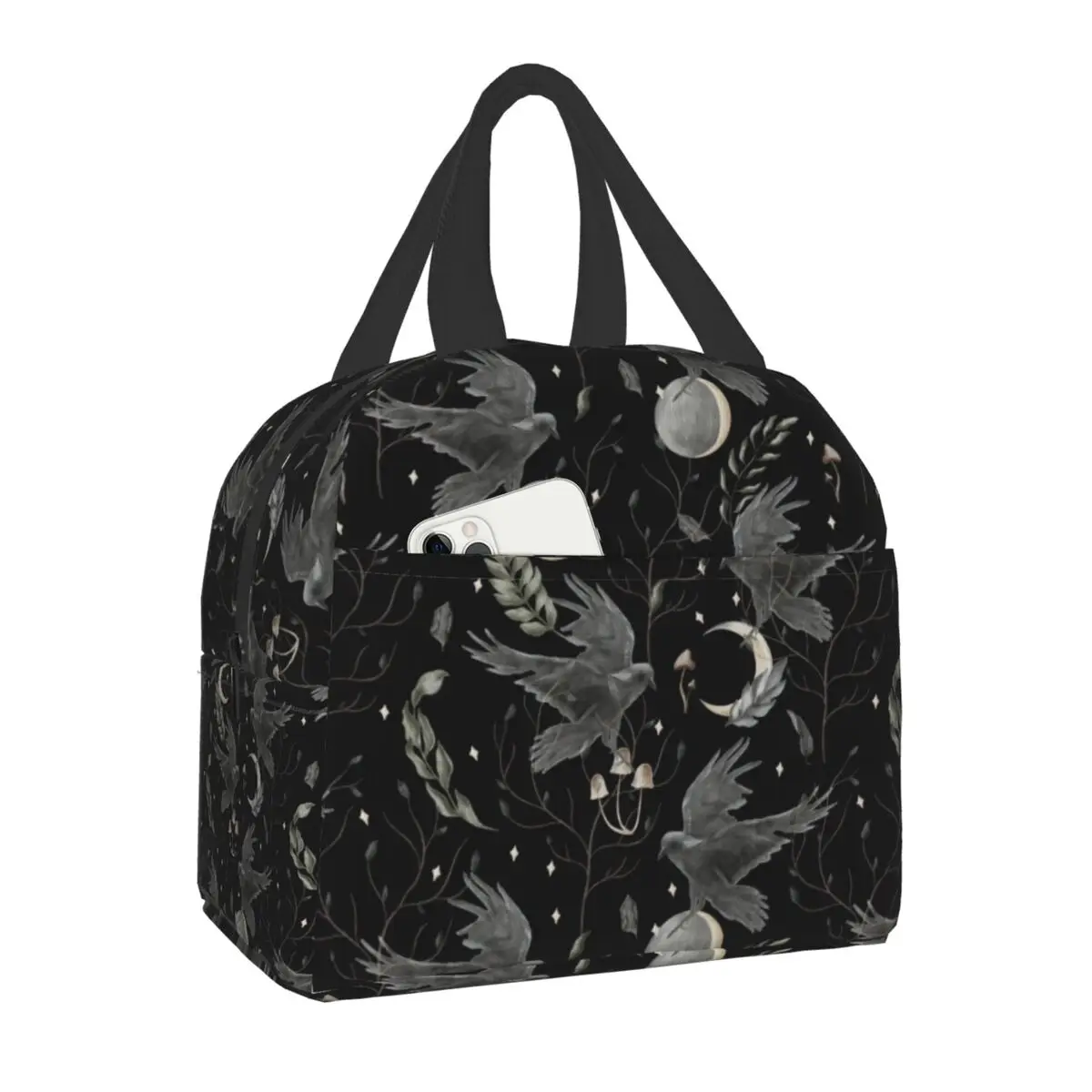 

Индивидуальная сумка для ланча в виде вороны и Луны для женщин, детский школьный охладитель, теплый изолированный Ланч-бокс, сумки для хранения на Хэллоуин, ведьмы, пикник