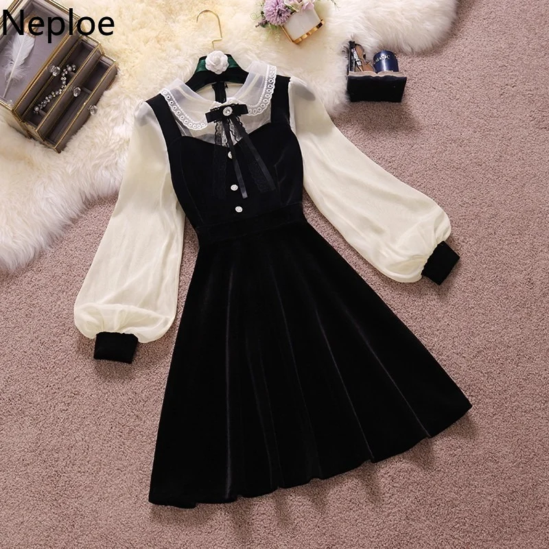 

Neploe Vintage Velvet Black Dress Stand Neck Lantern Sleeve Party Robe High Waist Slim Vestidos Korean Elegant Dresses Women