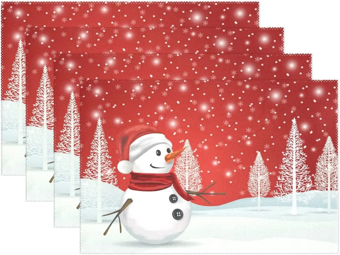 

Snowman Red Snowflake Christmas Placemat Table Mat 12x18 Inches Polyester Table Place Mat for Kitchen Dining Room Set of 4