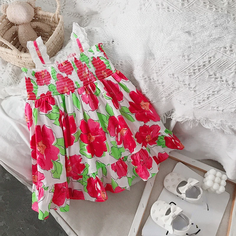 

2023 Sweet Kids Girls Dresses Summer Suspender Floral Princess Dresses Children Clothing Baby Wedding Party Vestidos