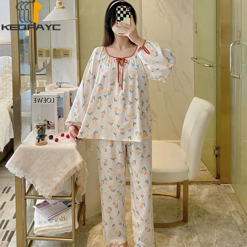 Women's Pajamas New 2023 Spring Autumn Long Sleeve Thin Sleepwear Homewear Women Sweet Floral Casual Nightwear Clothing Sets