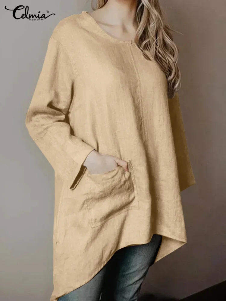 

Celmia 2022 Spring Loose Shirt Fashion Casual Long Sleeve Pockets Blusas Women Vintage Solid Asymmetrical Blouses Tunic Tops